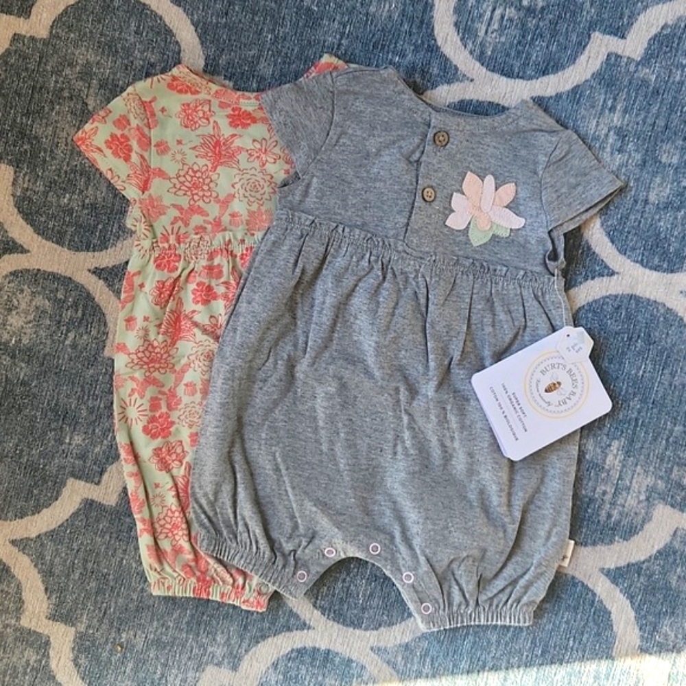 Burt's Bees Rompers, 2 Piece Set, 0-3 Month Size, Organic Cotton, NWT